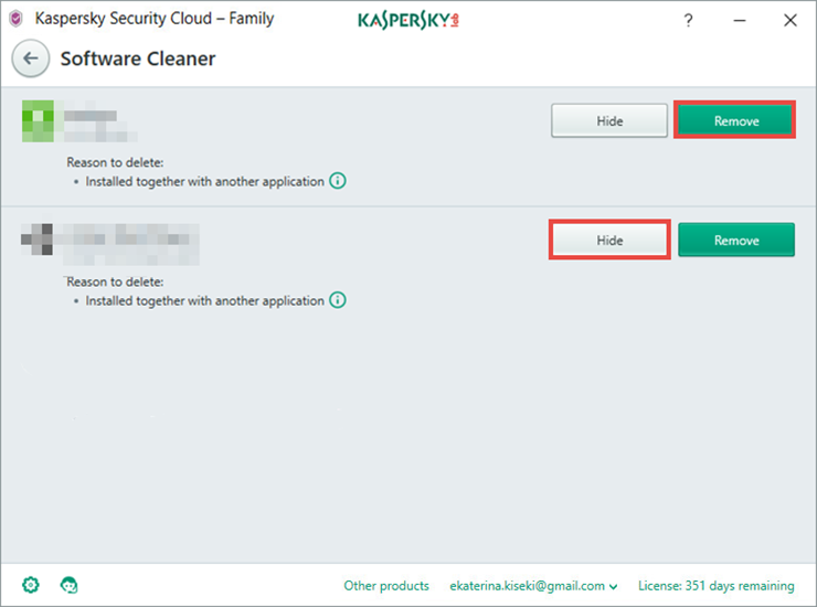 Image: the Software Cleaner window in Kaspersky Security Cloud
