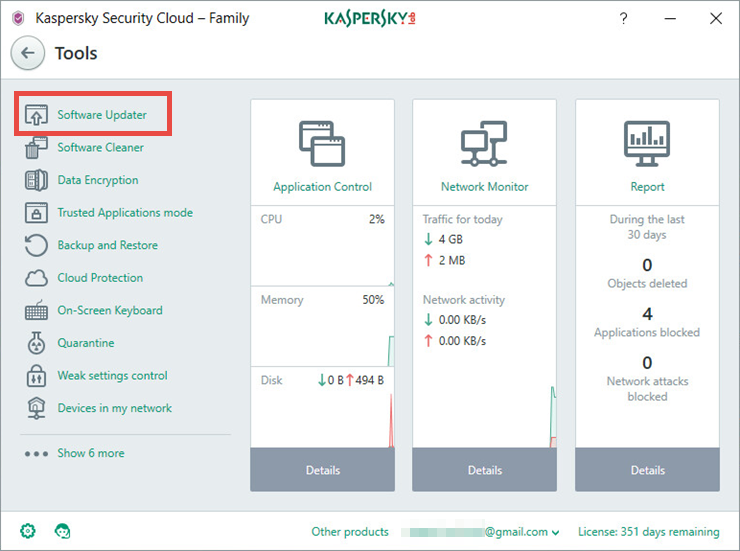 Image: the Tools window of Kaspersky Security Cloud