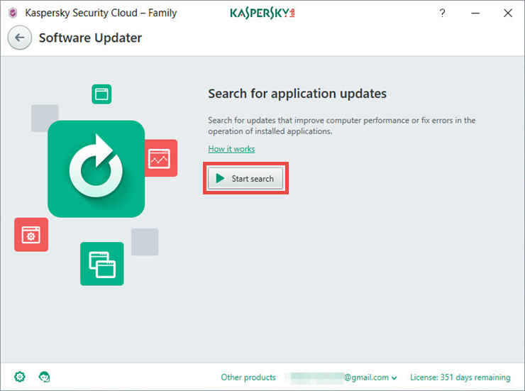 Image: the Software Updater window in Kaspersky Security Cloud