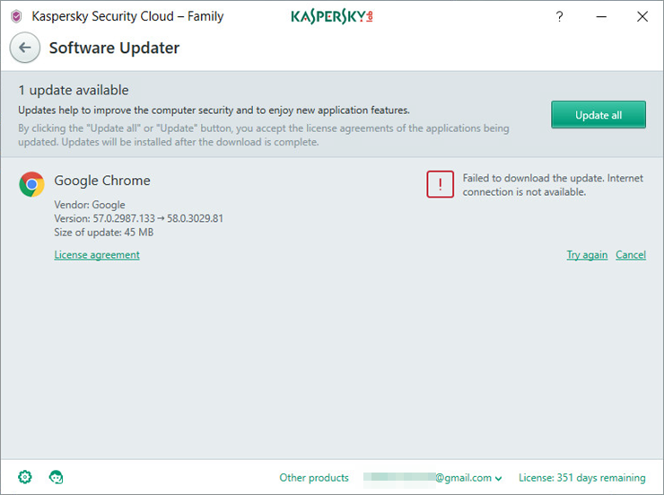 Image: the Update window of Kaspersky Security Cloud