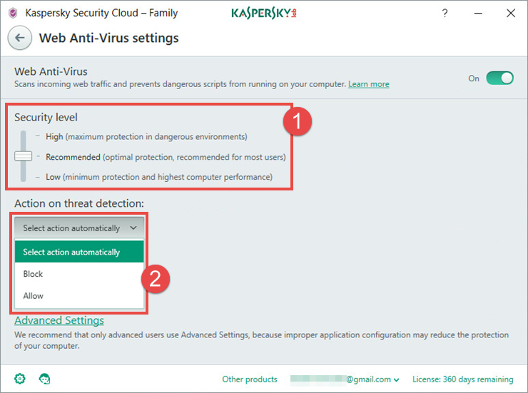 Image: the Web Anti-Virus settings in Kaspersky Security Cloud