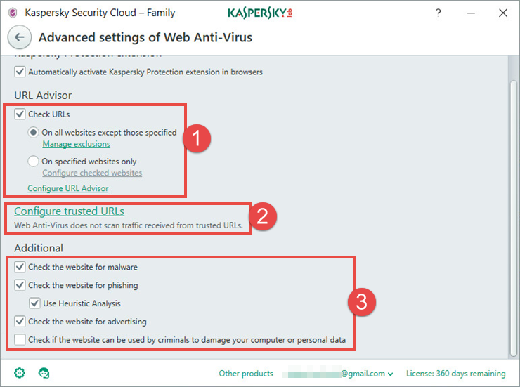 Image: advanced Web Anti-Virus settings in Kaspersky Security Cloud