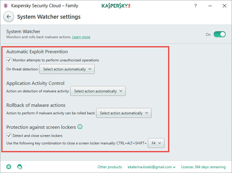 Image: the System Watcher settings window in Kaspersky Security Cloud
