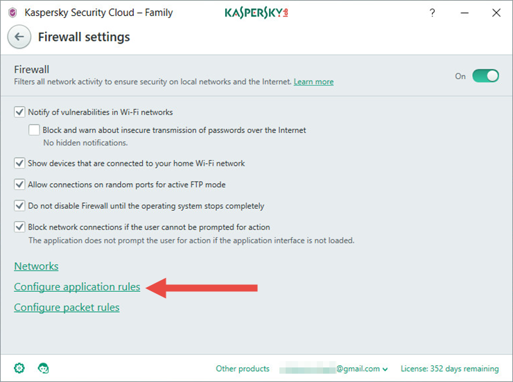 Image: Firewall settings in Kaspersky Security Cloud