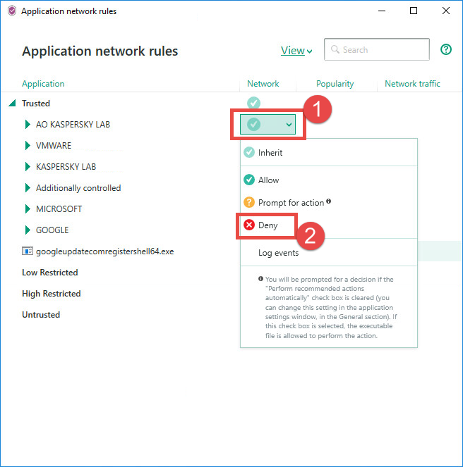 Image: the Network rules window of Kaspersky Security Cloud