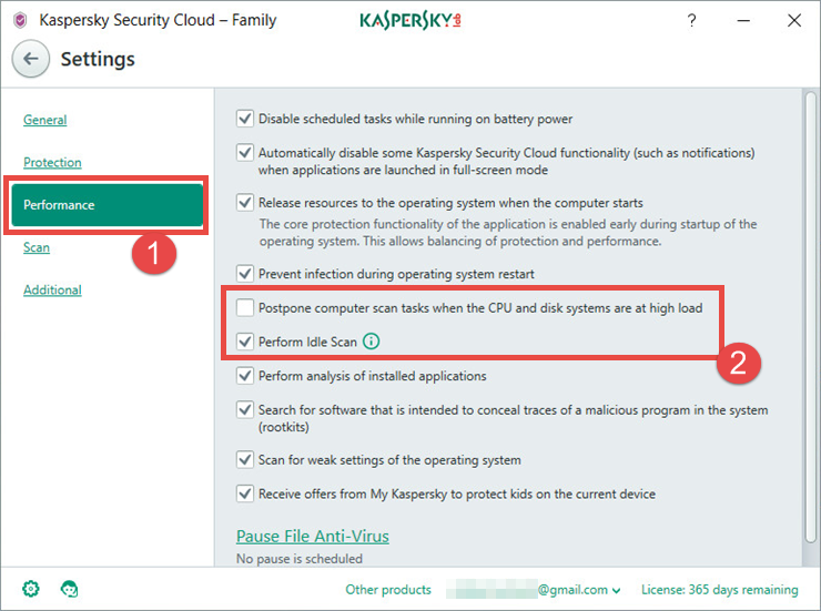 Image: how to adjust running tasks when the computer is idle in Kaspersky Security Cloud 