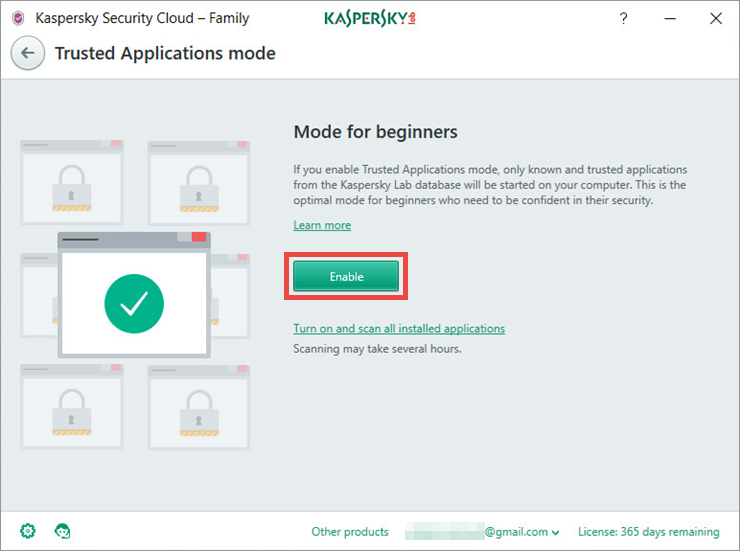 Image: the Trusted Applications mode window in Kaspersky Security Cloud