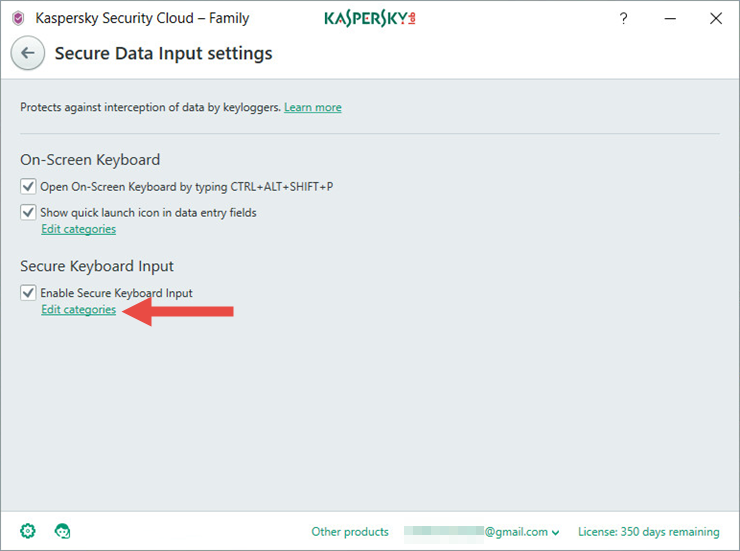 Image: the Secure Data Input window in Kaspersky Security Cloud.