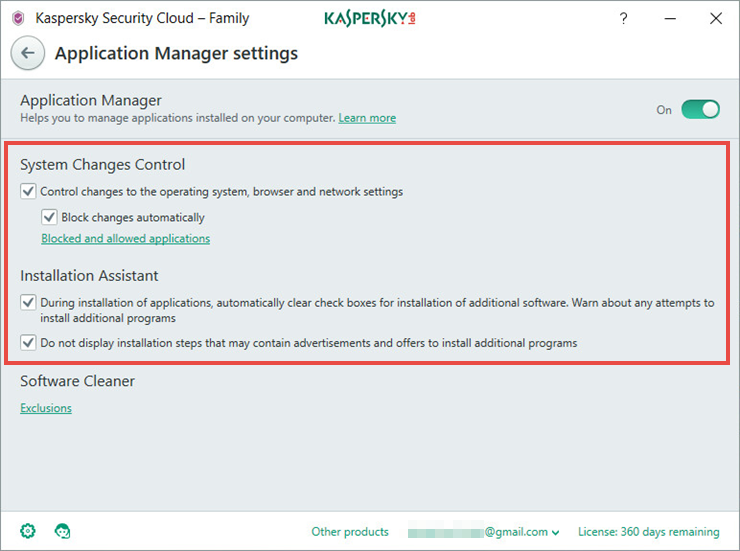 Image: the Application Manager window in Kaspersky Security Cloud