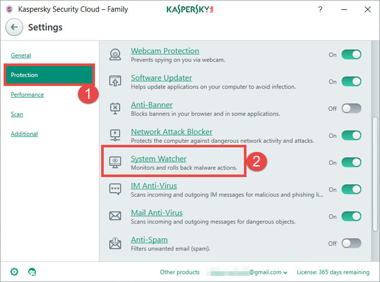 Image: the Settings window of Kaspersky Security Cloud