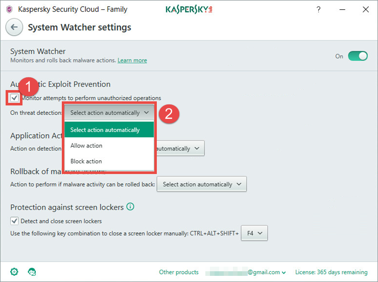 Image: the System Watcher window in Kaspersky Security Cloud