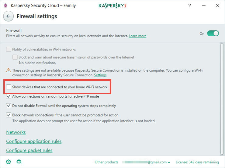 Image: the Firewall settings window in Kaspersky Security Cloud