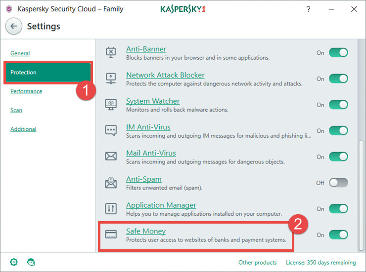 Image: the Settings window of Kaspersky Security Cloud