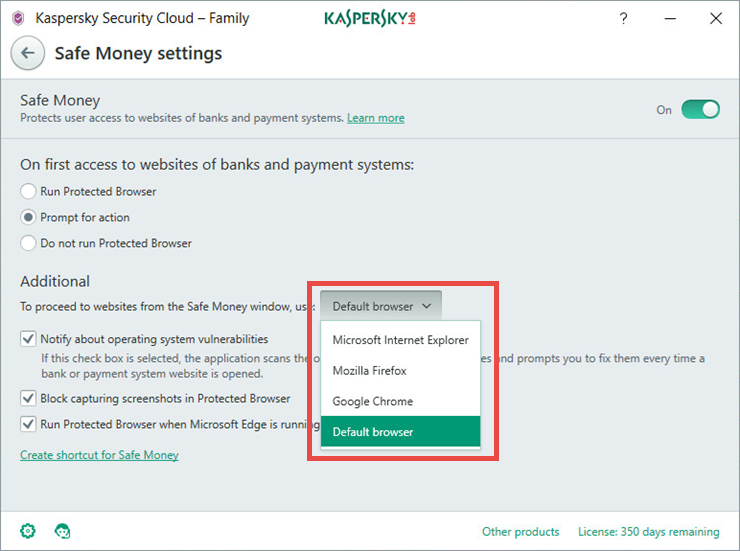 Image: Safe Money settings in Kaspersky Security Cloud