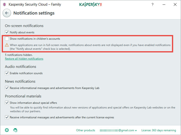 Image: the Notification settings window of Kaspersky Security Cloud
