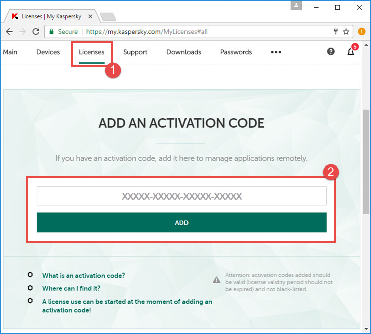 Image: how to add an activation code to My Kaspersky
