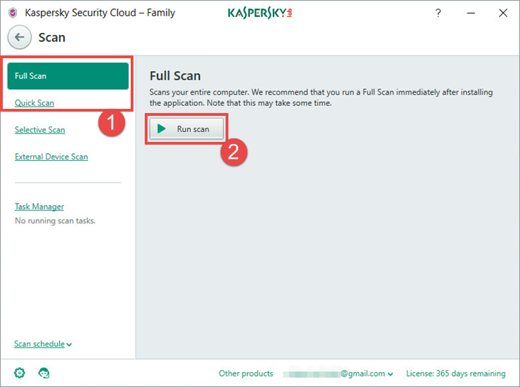 Image: starting a scan task in Kaspersky Security Cloud - Family