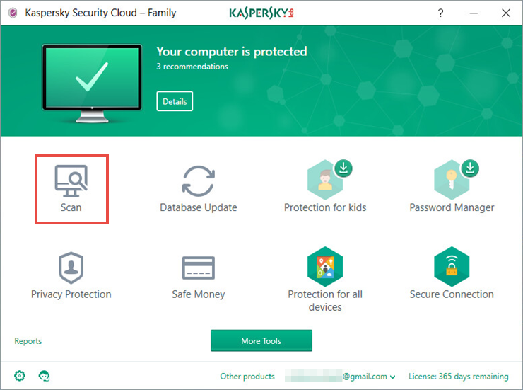 Image: the main window of Kaspersky Security Cloud - Family 