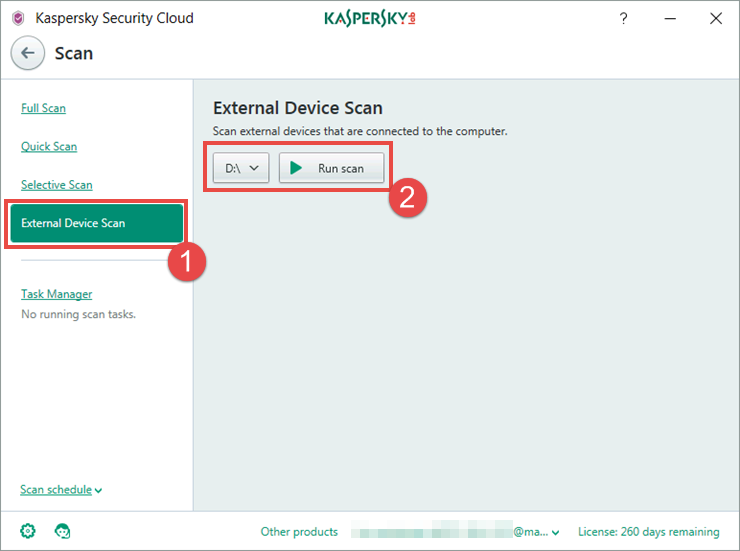 Image: running and external devices scan in Kaspersky Security Cloud