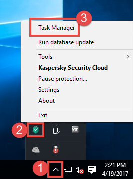Image: right-click menu of the Kaspersky Security Cloud icon