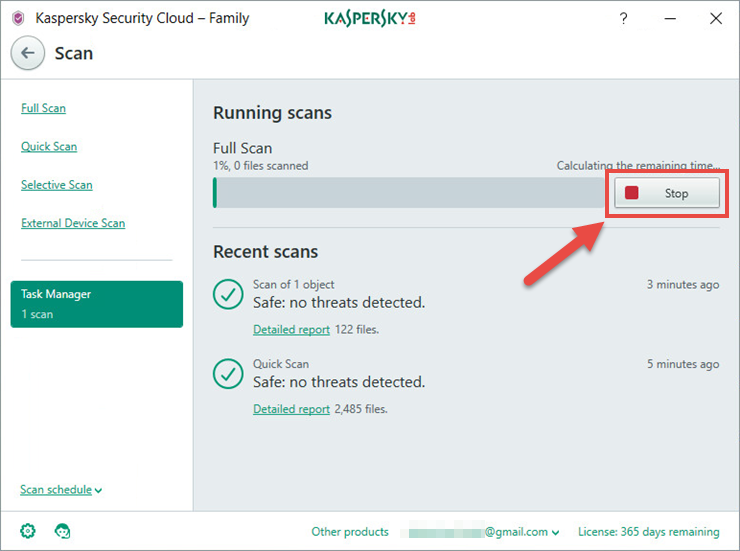 Image: stopping the scan in the Kaspersky Security Cloud window