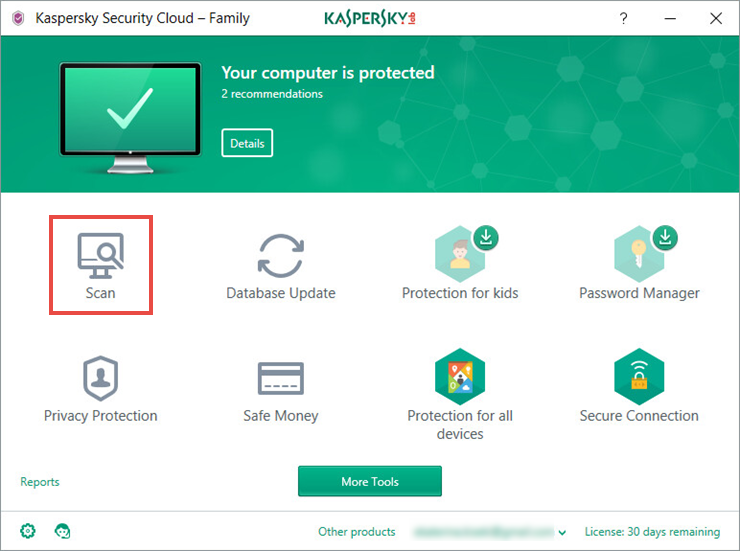 Image: the main window of Kaspersky Security Cloud.