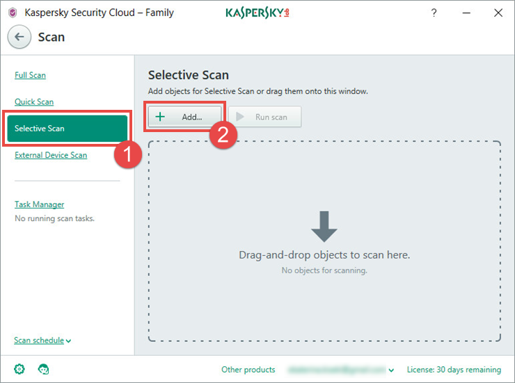 Image: the Scan window in Kaspersky Security Cloud.
