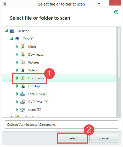 Image: selecting the files to scan in Kaspersky Security Cloud.