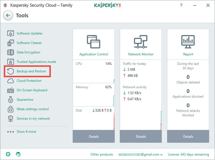 Image: the Tools window of Kaspersky Security Cloud