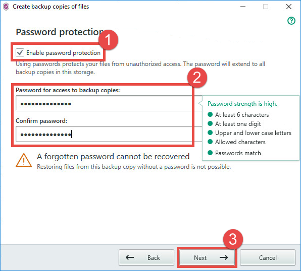 Image: setting a password for the backup storage