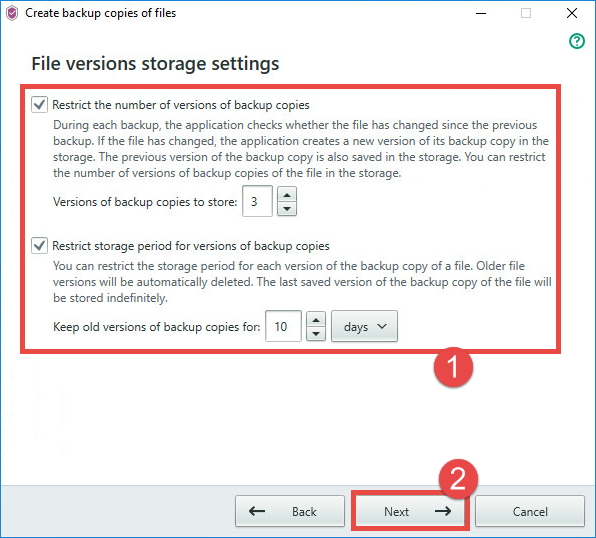 Image: storage settings window