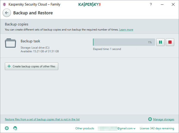 Image: the Backup and Restore window of Kaspersky Security Cloud
