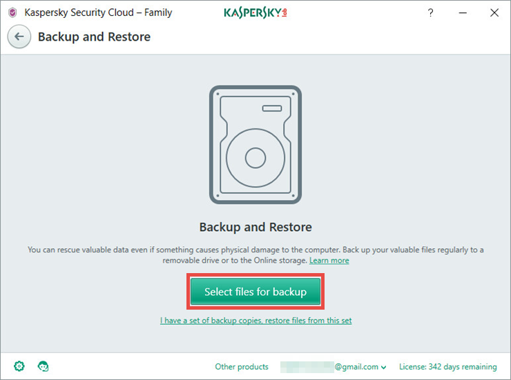 Image: the Backup and Restore window of Kaspersky Security Cloud