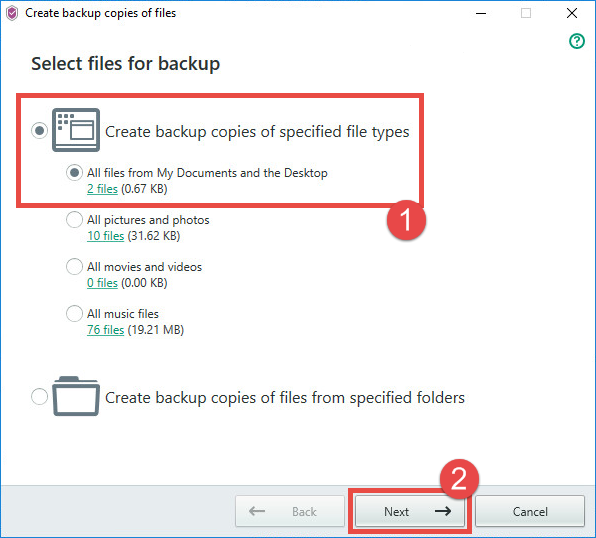 Image: selecting files for backup