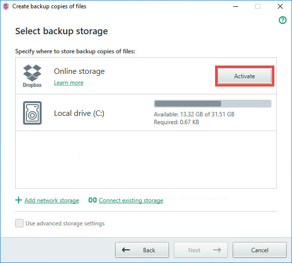 Image: selecting an online storage for backup