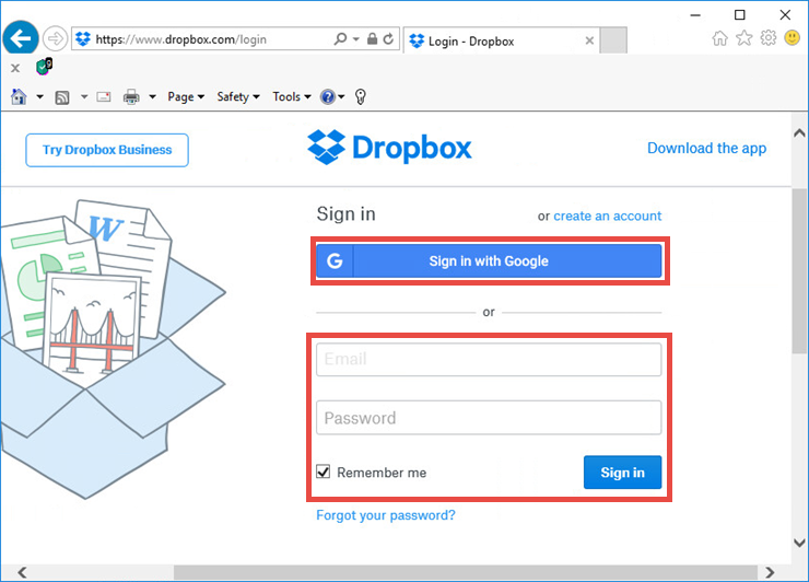 Image: signing in to Dropbox