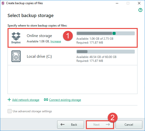 Image: selecting the activated online storage for backup