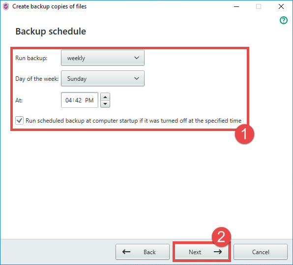 Image: setting a backup schedule in Kaspersky Security Cloud