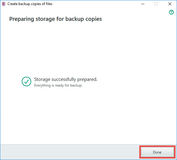 Image: the Kaspersky Security Cloud window with a created backup storage