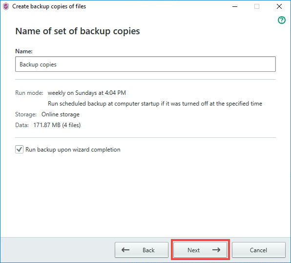 Image: setting a name for the backup storage
