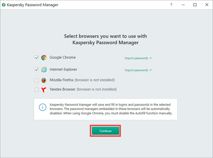 Image: selecting browsers in Kaspersky Password Manager