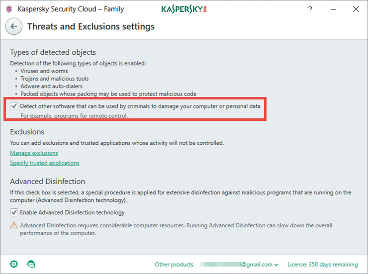 Image: the Threats and exclusions settings in Kaspersky Security Cloud