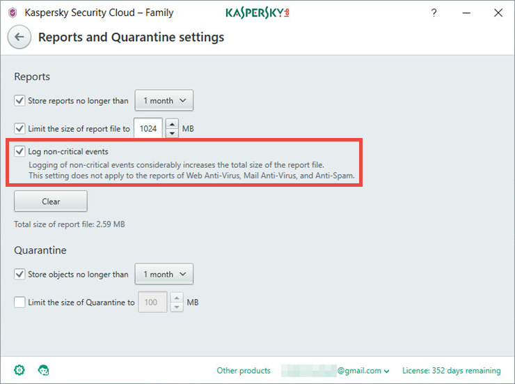 Image: the Reports and Quarantine settings in Kaspersky Security Cloud 