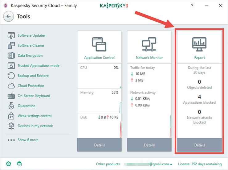 Image: the Tools window of Kaspersky Security Cloud 