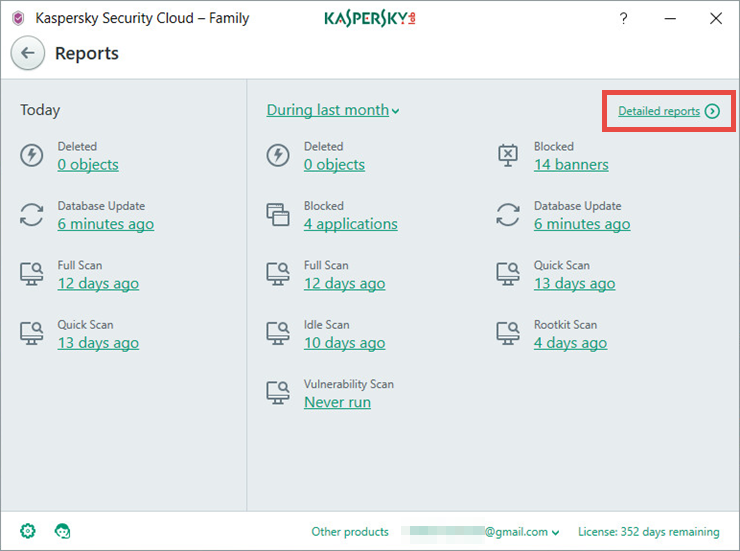 Image: the Reports window of Kaspersky Security Cloud 