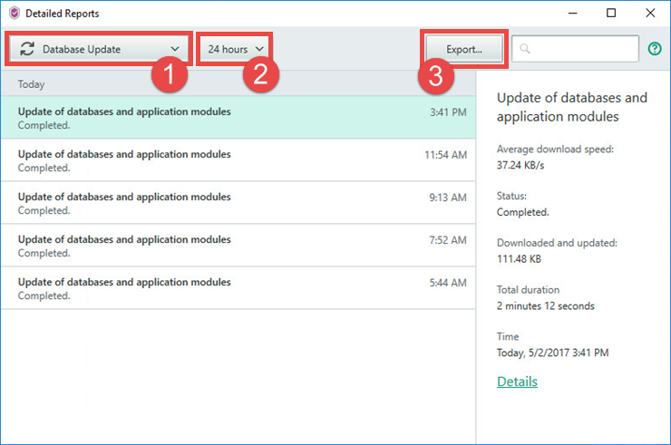 Image: the Detailed Reports window of Kaspersky Security Cloud 