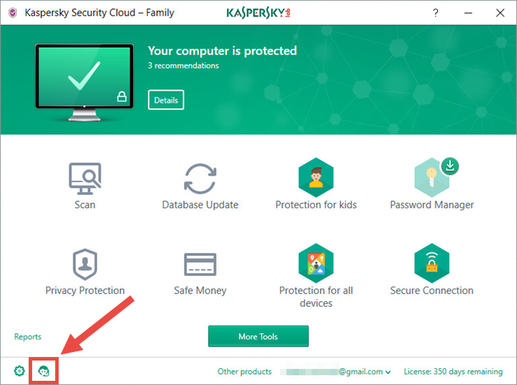 Image: the main window of Kaspersky Security Cloud