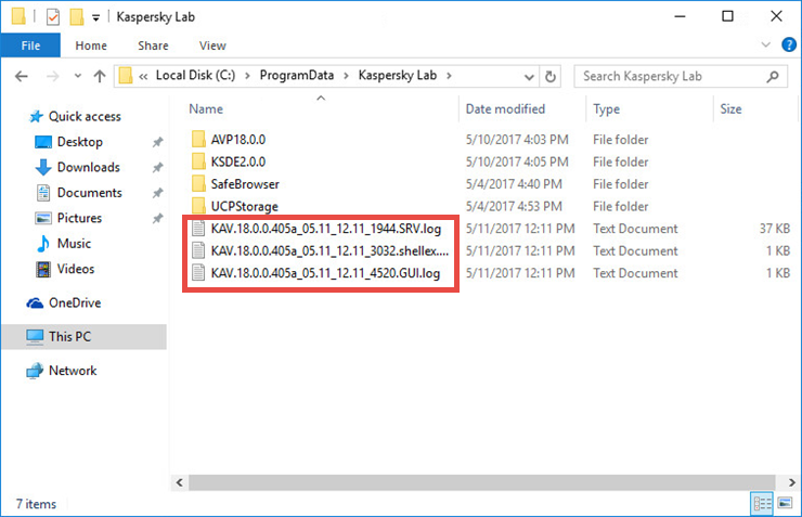 Image: the Kaspersky Lab folder with Kaspersky Security Cloud trace files