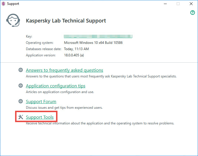 Image: the Support window of Kaspersky Security Cloud
