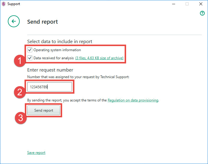 Image: sending the report to Technical Support